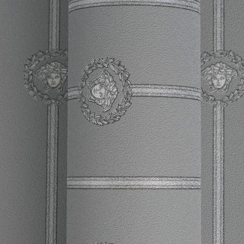 Versace Grey Silver Medusa Striped Baroque Designer Wallpaper by Luxury Group International