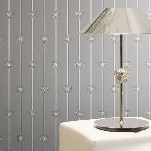 Versace Grey Silver Medusa Striped Baroque Designer Wallpaper by Luxury Group International