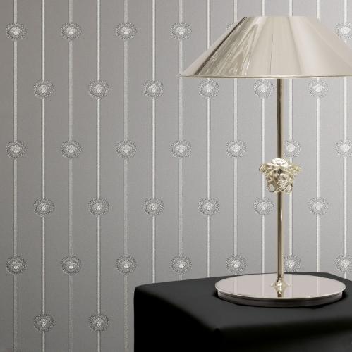 Versace Grey Silver Medusa Striped Baroque Designer Wallpaper by Luxury Group International