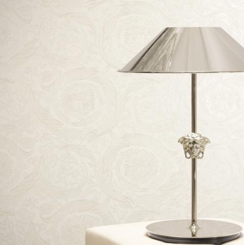 Versace Cream & Beige Baroque Ornate Floral Motif Glossy Designer Wallpaper by Luxury Group International