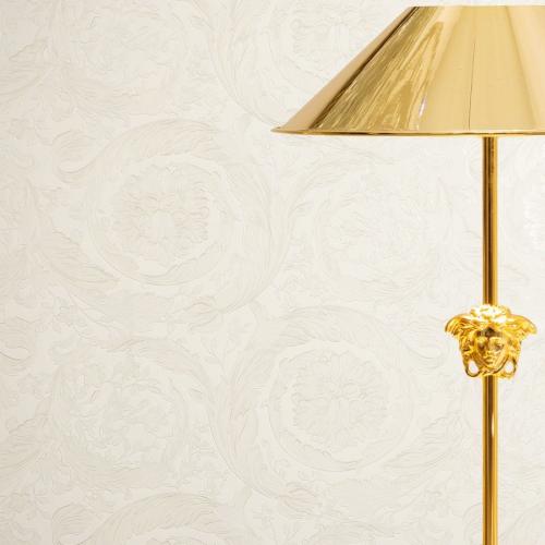 Versace Cream & Beige Baroque Ornate Floral Motif Glossy Designer Wallpaper by Luxury Group International