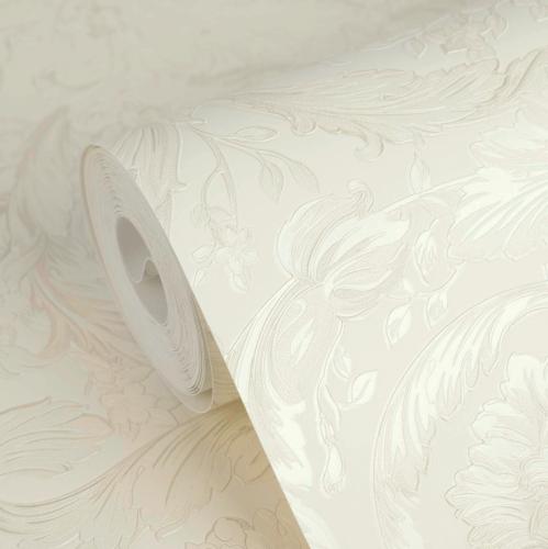 Versace Cream & Beige Baroque Ornate Floral Motif Glossy Designer Wallpaper by Luxury Group International