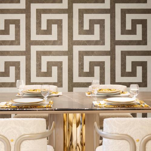 Versace Greek Key Design Modern Wallpaper in Deep Brown & Off-White Lifestyle View by Luxury Group International