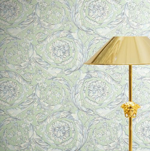 Versace Pastel Green/Sky Floral Leaf Non-Woven Designer Wallpaper by Luxury Group International