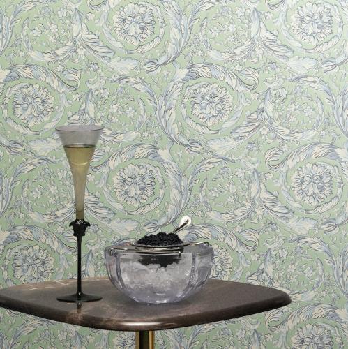 Versace Pastel Green/Sky Floral Leaf Non-Woven Designer Wallpaper by Luxury Group International