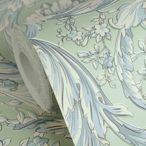 Versace Pastel Green/Sky Floral Leaf Non-Woven Designer Wallpaper by Luxury Group International