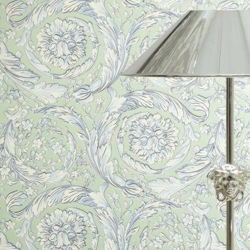 Versace Pastel Green/Sky Floral Leaf Non-Woven Designer Wallpaper by Luxury Group International