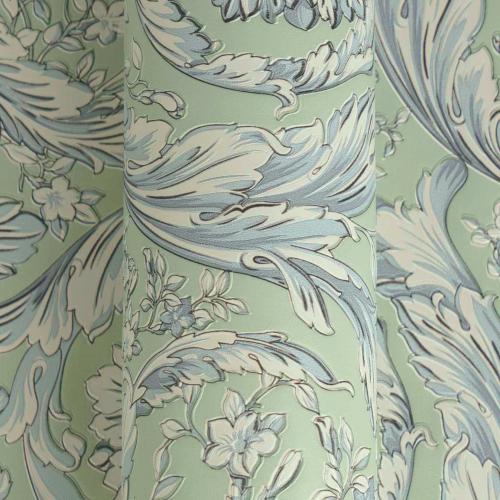 Versace Luxury Pastel Green & Sky Floral Leaf Motif Non-Woven Designer Wallpaper by Luxury Group International