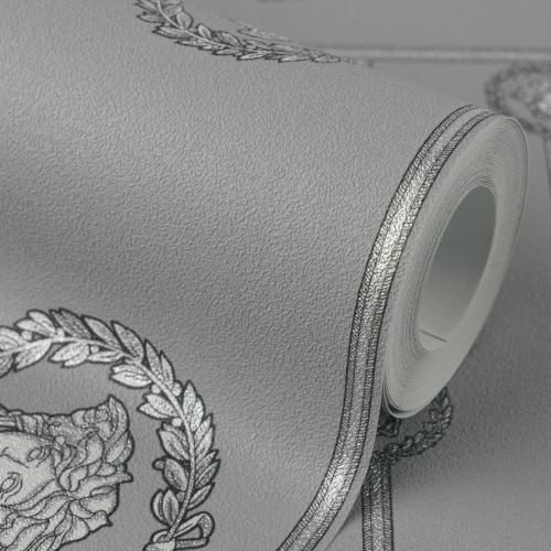 Carta da Parati Versace Barocca Metallizzata Argento con Bordo Dado e Pannello Testa di Medusa di Luxury Group International