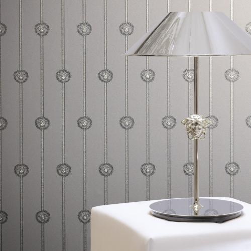 Versace Silver Metallic Baroque Wallpaper Dado Border Medusa Head Panel by Luxury Group International
