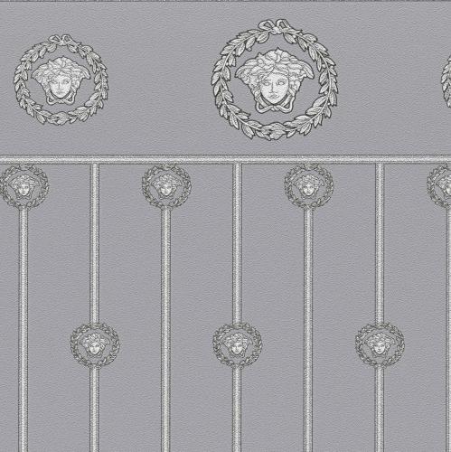 Carta da Parati Versace Barocca Metallizzata Argento con Bordo Dado e Pannello Testa di Medusa di Luxury Group International
