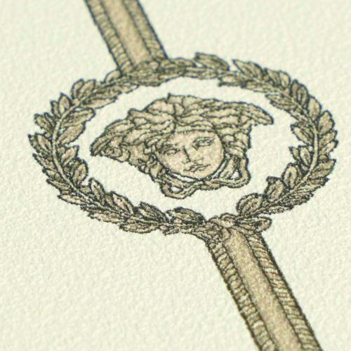Versace White Black Medusa Stripe Baroque Non Woven Designer Wallpaper Detail View by Luxury Group International