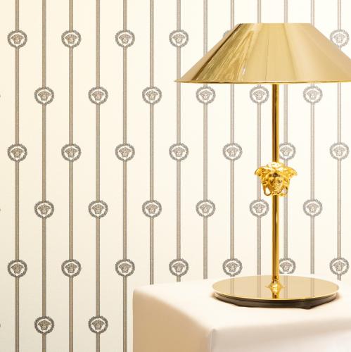 Versace White Black Medusa Stripe Baroque Non Woven Designer Wallpaper by Luxury Group International