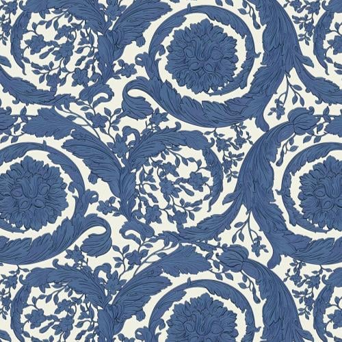 Versace White & Blue Floral Motif Baroque Designer Wallpaper For Home Decor by Luxury Group International