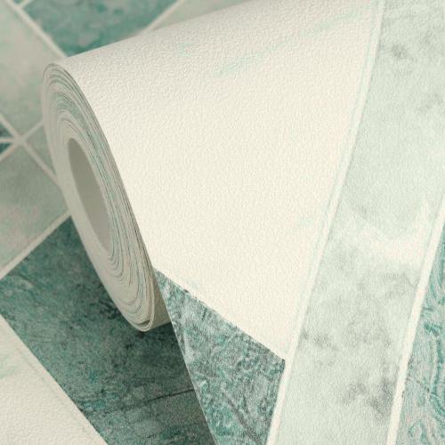 Carta da parati Versace bianca e verde non tessuta con motivo Tarsia di design di Luxury Group International