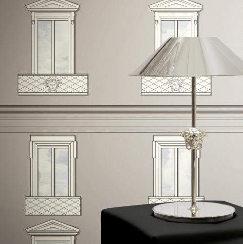 Versace White Grey Baroque Medusa Window Non-Woven Designer Wallpaper Lifestyle View by Luxury Group International