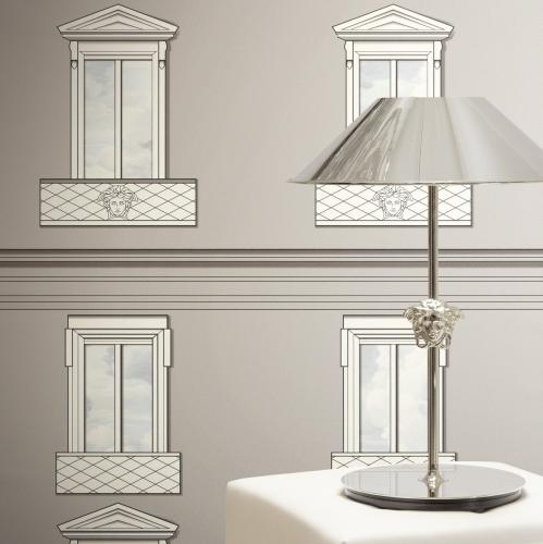 Versace White Grey Baroque Medusa Window Non-Woven Designer Wallpaper by Luxury Group International