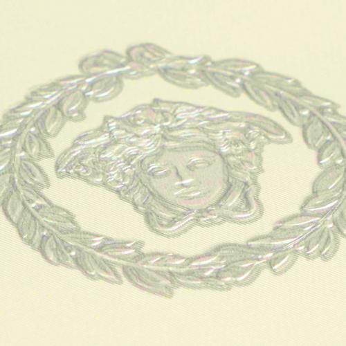 Versace White Grey Circular Medusa Ornaments Non Woven Designer Wallpaper Detail View by Luxury Group International