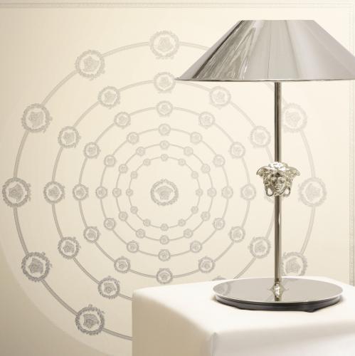 Versace White Grey Circular Medusa Ornaments Non Woven Designer Wallpaper by Luxury Group International
