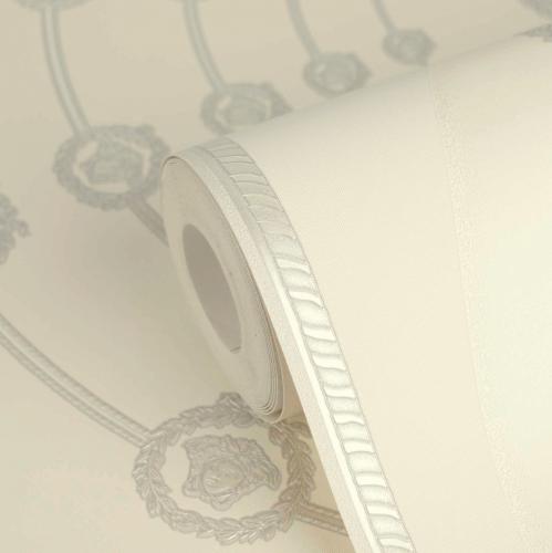 Versace White Grey Circular Medusa Ornaments Non Woven Designer Wallpaper by Luxury Group International