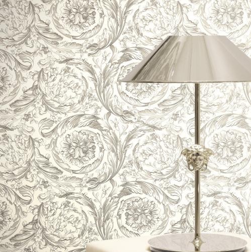 Versace White/Grey Floral Motif Baroque Non-Woven Designer Wallpaper by Luxury Group International