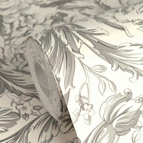 Versace White/Grey Floral Motif Baroque Non-Woven Designer Wallpaper by Luxury Group International