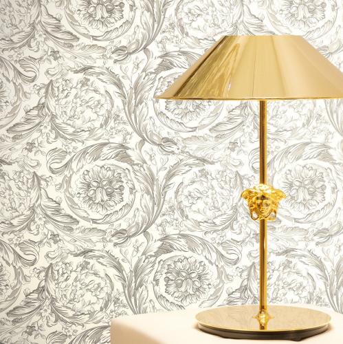 Versace White/Grey Floral Motif Baroque Non-Woven Designer Wallpaper by Luxury Group International