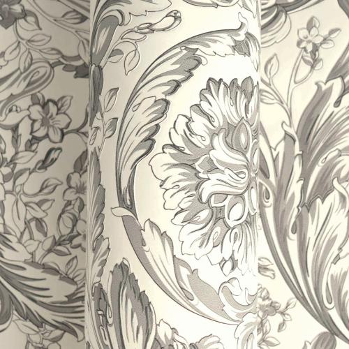 Versace White/Grey Floral Motif Baroque Non-Woven Designer Wallpaper by Luxury Group International