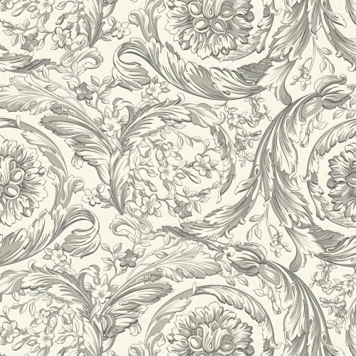 Versace White & Grey Floral Leaf Motif Baroque Non-Woven Designer Wallpaper by Luxury Group International