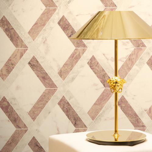 Versace White Pink Tarsia Pattern Non Woven Designer Wallpaper by Luxury Group International