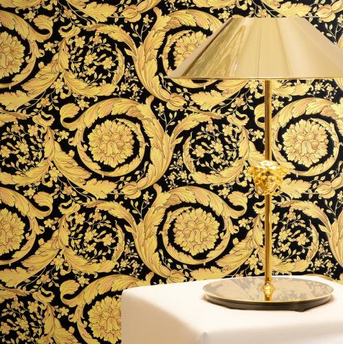 Versace Yellow Gold/Black Floral Motif Baroque Designer Wallpaper by Luxury Group International