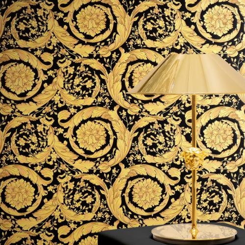Versace Yellow Gold/Black Floral Motif Baroque Designer Wallpaper by Luxury Group International