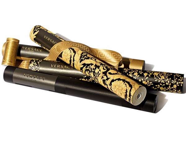 Versace Yellow Gold/Black Floral Motif Baroque Designer Wallpaper by Luxury Group International