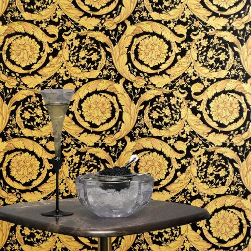 Versace Yellow Gold/Black Floral Motif Baroque Designer Wallpaper by Luxury Group International
