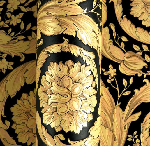 Versace Yellow Gold/Black Floral Motif Baroque Designer Wallpaper by Luxury Group International