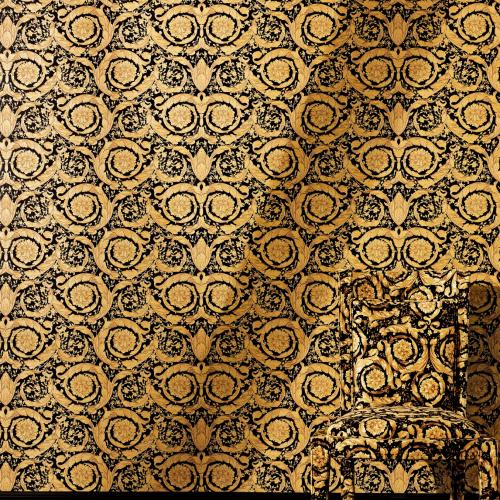 Versace Yellow Gold/Black Floral Motif Baroque Designer Wallpaper by Luxury Group International