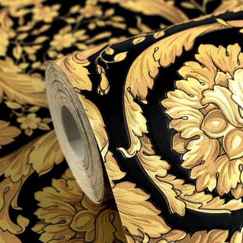 Versace Yellow Gold/Black Floral Motif Baroque Designer Wallpaper by Luxury Group International