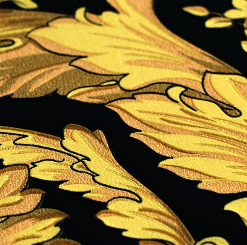 Versace Yellow Gold/Black Floral Motif Baroque Designer Wallpaper by Luxury Group International