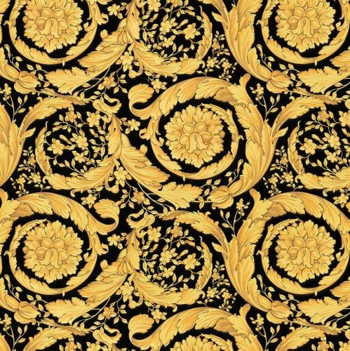 Versace Yellow Gold & Black Floral Butterfly Motif Baroque Ornate Designer Wallpaper by Luxury Group International