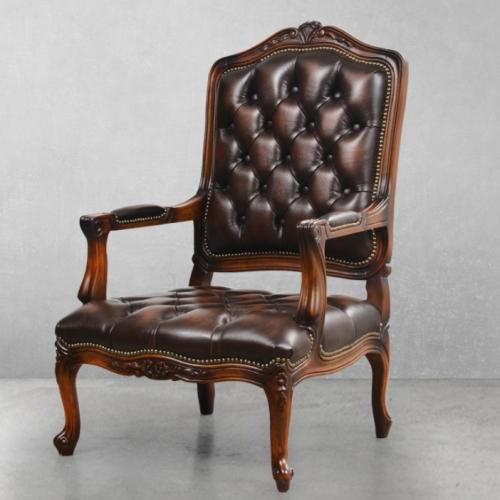 Vintage Baroque Button-Tufted Luxury Leather Armchair with Carved Timber Frame - Living Room Furniture Front View by Luxury Group International