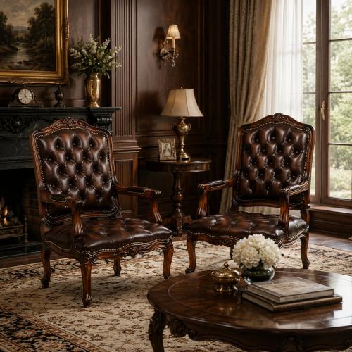 Sillón de cuero de lujo vintage barroco con capitoné y marco de madera tallada - Muebles para sala de estar Vista lifestyle por Luxury Group International