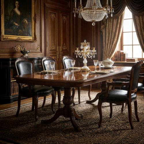 Vintage Baroque Luxury Dining Armchair with Leather Upholstery - Dining Room Furniture Lifestyle View by Luxury Group International