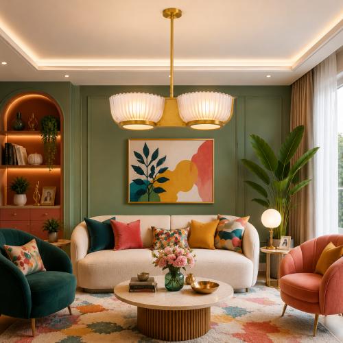 Vintage brass finish luxury modern ceiling light with two ribbed glass bowl by Luxury Group International