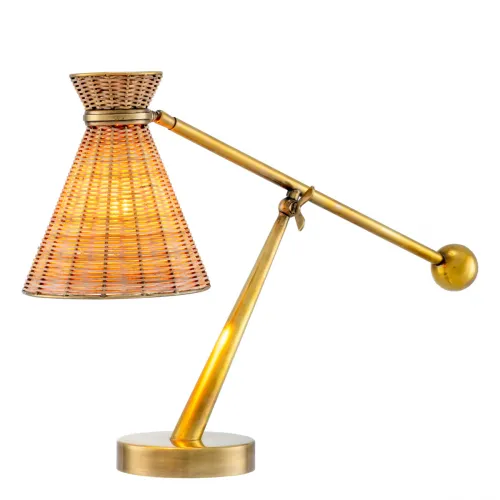 Lampada da tavolo di lusso in rattan naturale con finitura ottone vintage, luce portatile con lunghezza regolabile di Luxury Group International
