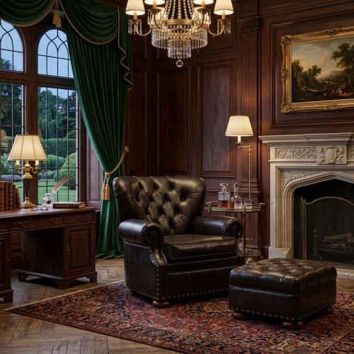 Vintage Chesterfield Luxury Leather Sofa with Deep Tufted Upholstery - Living Room Furniture Lifestyle View by Luxury Group International
