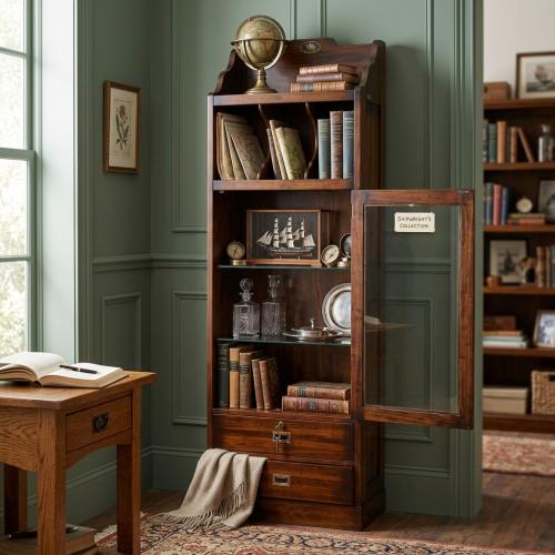 Vintage Style Luxury Glass Cabinet with Open Upper Shelving & Base Drawers - Vintage Style Furniture Lifestyle View by Luxury Group International