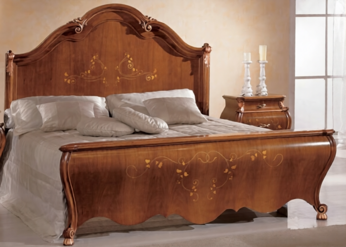 Walnut Finish Baroque Luxury Wooden Double Bed with Gold Floral Inlay Headboard & Cabriole Legs Front View by Luxury Group International