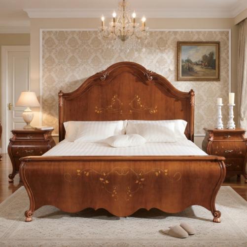Walnut Finish Baroque Luxury Wooden Double Bed with Gold Floral Inlay Headboard & Cabriole Legs Lifestyle View by Luxury Group International