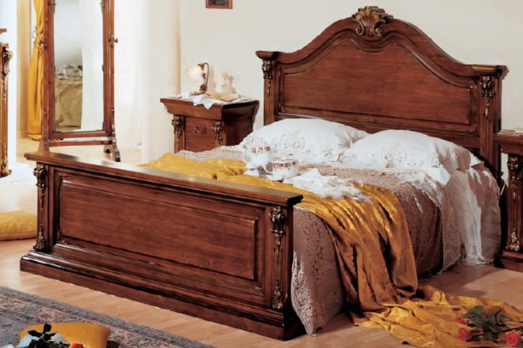 Walnut Finish Baroque Luxury Wooden Double Bed with Gold Leaf Shell Crown & Carved Column Pilasters Lifestyle View by Luxury Group International