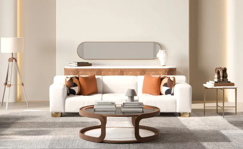 White 3 Seater Matte Finish Luxury Sofa with Brass Detailing – Luxury Hotel Furniture – Hotel Sofa by Luxury Group International